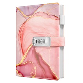 Huamxe Diary with Lock, Personal Locking Journal for Women girls, Leather Hardcover Notebook A5 5.9" x 8.7", 200 Pages Thick Paper, Cute Lined College Ruled Journals for Writing Journaling,Pink Marble