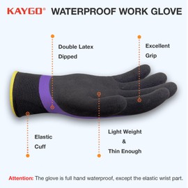 KAYGO Waterproof Work Gloves for Men and Women with Insulated Double Latex Coated, Non-Slip Super Grip for Gardening Car Washing Fish Cleaning (Purple, M, 1 Pair)