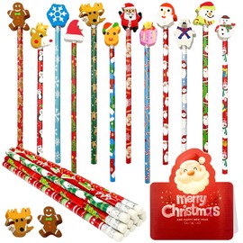 FANOST Pack of 24 Christmas Pens with Erasers and 1 Christmas Card for Children, Christmas HB Pencil Set and Funny Christmas Greeting Card, Christmas Gifts, Party Bags for Children