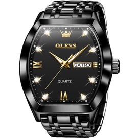 OLEVS Black Watches for Men Design Diamond Square Tonneau Stainless Steel Waterproof Luminous Unique Luxury Business Day Date Wrist Watches Mens