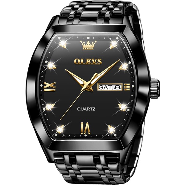 OLEVS Black Watches for Men Design Diamond Square Tonneau Stainless