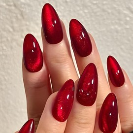 24Pcs Short Almond Shaped Press on Cails Red Full Cover False Nails Glossy Acrylic French Fake Nail Kit Reusable Glitter Fake Fingernails Girls Nail Tips Women Manicure