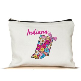 PinPop56 Floral Coquette State Indiana Makeup Bag - Retro Floral State Travel Zippered Makeup Bag Gift For Women - Friends - Indiana Lovers On Birthday - Mothers Day - Holiday