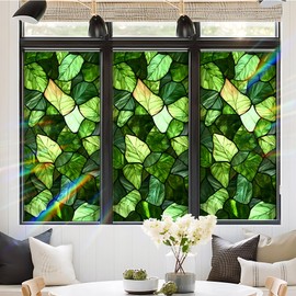 BSFHH Window Privacy Film Static Cling Stained Glass Design Sun Blocking Non-Adhesive Removable Cover for Home Office 17.5x39.3 Inches (Leaves, 39.3" L x 17.5" W)