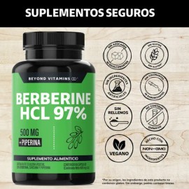 Berberina Hcl 97% | 500mg De Berberina Clorhidrato, Potenciado Con Piperina (pimienta Negra) Al 97% Y Raíz De Cúrcuma (curcumina, Curcuminoides) | Ber