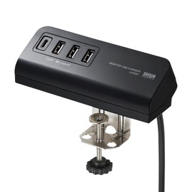 Sanwa Supply ACA-IP51BK USB Charger, Outlet (Type C x 1 Port + 3 USB A x 3 Ports), Clamp Type, Can Be Fixed to a Desk, Black