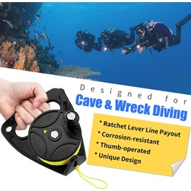 Diving Reel with Thumb Stopper, Heavy Duty 46m/150ft White Line SMB Scuba Ratchet Dive Reel with Handle Stop Switch for for Cave, Wreck,Drift Diving,Kayak Anchorand More Underwater Activities
