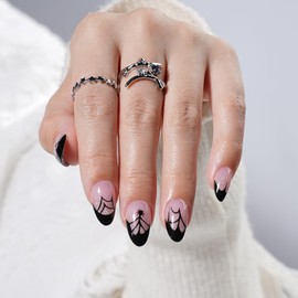 Leefrei Press on Nails - Glossy Black French Tip Press on Nail, Short Almond Fake Nails Reusable Nails Press ons for Women, 32 Pieces in 16 Sizes False Nails Kit with Glue, Dark Veil