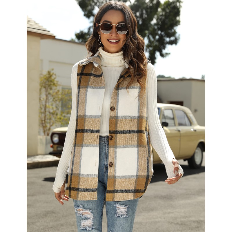 UANEO Womens Fall Flannel Plaid Vest Button Down Sleeveless Shirt