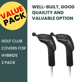 FINGER TEN Golf Club Head Covers Woods Hybrids Long Cover, Headcovers with Interchangeable No. Tags Fit All Hybrids Wood Clubs Light Durable (Dark-2 Pack Hybrid Covers)