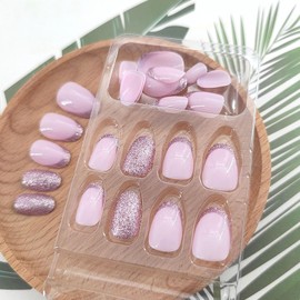Oval Press on Nails Short Fake Nails Glitter French Tip Nails Press ons Glossy Glue on Nails Pink Full Cover False Nails with Glitter Designs Artificial Stick on Nails for Women 24Pcs