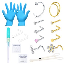 QWALIT Nose Piercing Kit Nose Piercing Needle Kit Gold Nose Ring Piercing Kit Self Nose Piercing Kit at Home Disposable Nose Piercing Kit with Nose Rings Studs Hoops Piercing Kit for Nose Ring