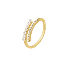 Elegant Pearl Open Stacking Ring Sterling Silver S925 Crystal CZ Climber Eternity Engagement Statement Rings Dainty Wrap Tail Finger Band Cute Jewelry Gifts for Women Girls Adjustable (Gold)