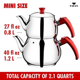 Hakan Stainless Steel 2 L, 67 Oz, Mini Double Bondy Tea Pot Set with Self Strainer Double Lids, Turkish Samovar Style Teapot Set, Tea Kettle for Loose Leaf Tea with Red Bakelite Handle 2.1-Quart