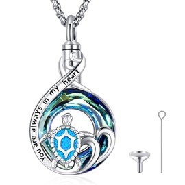 LOOVE Blue Opal Sea Turtle Urn Necklace Sterling Silver Sea Turtle Pendant Crystal Cremation Urn Necklace for Women Keepsake Necklace for Ashes Turtle Memorial Necklace Sea Turtle Jewelry Crystal Gifts