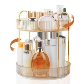 Boxalls Makeup Organiser Rotatable, 2 Tier Bathroom Organiser, 360 Degree Large Capacity Cosmetic Storage, Dressing Table Rotating Organiser Skincare Carousel (2 Layers, Amber)