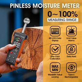 BTMETER Wood Moisture Meter - Pinless Moisture Detector Measur Depth 20-40mm Non-Destructive Moisture Tester with Masonry Spherical Sensor Sound Alarm LCD Display for Firewood Walls Flooring Concrete