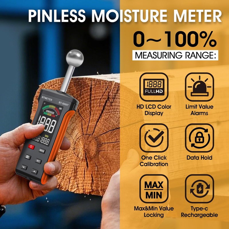 BTMETER Wood Moisture Meter - Pinless Moisture Detector Measur Depth