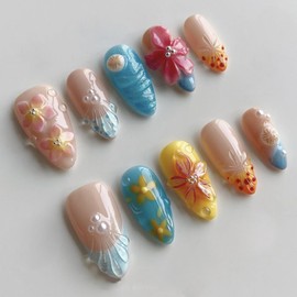 24pcs Tropical Blue Yellow Press on Nails Short Almond Nude Fake Nails with 3D Pearl Flowers Designs Summer French False Nails Cute Glue on Nails Handmade Full Cover Acrylic Nails for Women