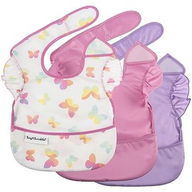 Tiny Twinkle Mess-Proof Baby Bib - Waterproof Bib for Baby Girl - Machine Washable - Adjustable Closure - PVC, BPA, & Phthalate Free - Great for Travel - Baby Food Bibs (3 Pack, Butterfly)