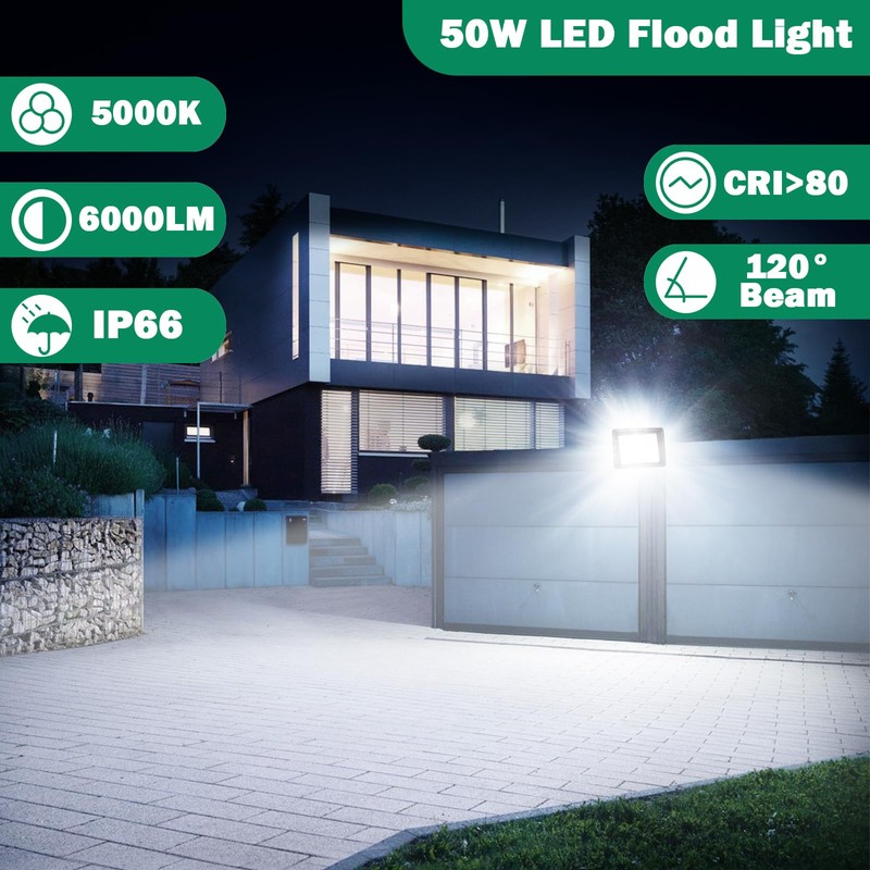 NEWREACH 50W 2 Pack LED Flood Light Outdoor, IP66 Waterproof