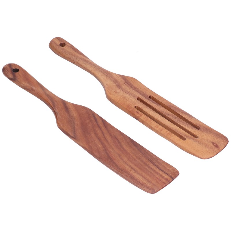 2pcs Slotted Turner Spatula Simple Wooden Spatula with Long Handlefor