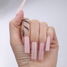 MqpQ 3d Swirl Square Press on Nails Long French Fake Nails Clean Hand Sculpted Design Irregularity Magic Mirror Powder Acrylic Nails 24pcs Glossy Full Cover False Nails