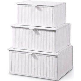 Honygebia White Bamboo Decorative Storage Boxes - Rectangle Lined Basket with lids Organizer for Shelf (Set of 3)