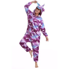 NewPlush Unisex Unicorn Costumes Pyjamas, Adult Women Men Animal Cosplay Onesie Purple Night Small