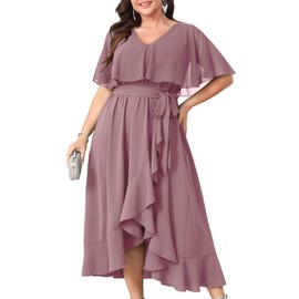 Women Plus Size Long Formal Dress Short Sleeve Chiffon Ruffle V Neck High Low Split Wedding Guest Maxi Dresses Dusty Pink