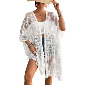Edhomenn Women's Bikini Cover Up Long Sleeve Lace Cardigan Embroidery Print Cardigan Smock Kimono Long Beach Dress (022 White, One Size)