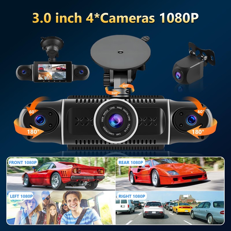 WiFi 360° Dash Cam Front and Rear Inside,4 Channel 3"
