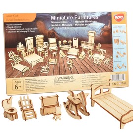 BOHS 34-Piece Dollhouse Furniture Set -1/24 Scale, Laser Cut Wooden 3D Puzzles - Miniature Doll House DIY Models and Accessories
