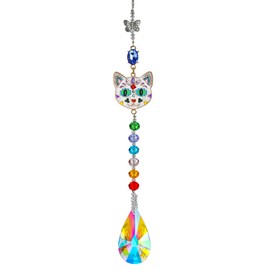 H&D HYALINE & DORA Crystal Rhinestones Suncatcher Cat Face Shaped with Butterfly Window Hang Pendant, Rainbow Crystal Colorful Prisms Ornament Gift Christmas Tree Decoration