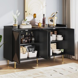 DWVO 55" Kitchen Storage Cabinet with Carved Design Door, Adjustable Shelves, Modern Sideboard Buffet Cabinet with Storage for Hallway, Kitchen or Living Room, Black