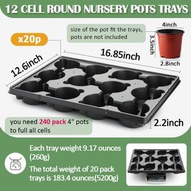 RooTrimmer 12 Cell Round Nursery Pot Trays Thickened Durable Seedling Pots Shuttle Carrying Trays for Holding 4 Inch Nursery Pots (16.85" × 12.6", 20-Pack)