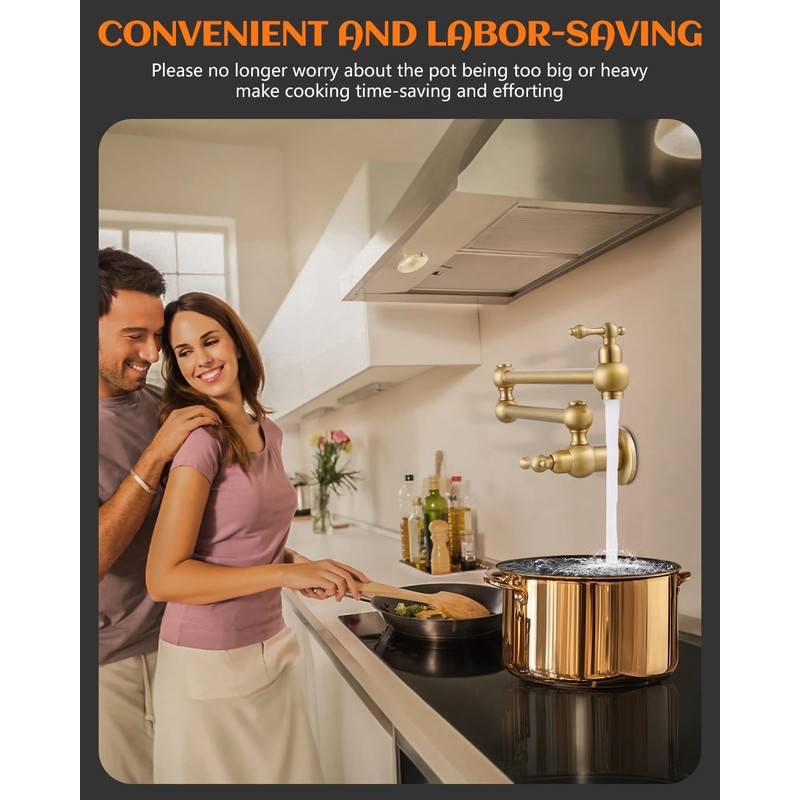 RALANDA Brass Pot Filler Faucet Gold, Dual Valve Wall Mount