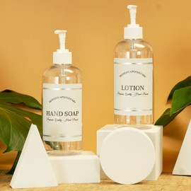 Clear Refillable Hand Soap and Lotion Dispenser Set for Bathroom Sink - PET Plastic Pump Bottles with Labels for Soap and Lotion - Waterproof Labels - 16 oz, 2 Pack (White Plastic)