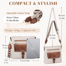 KASQO Crossbody Bag for Women,Soft Vegan Leather Cross Body Purse Medium Shoulder Bag Handbags with Guitar Strap Tassel Beige & Brown