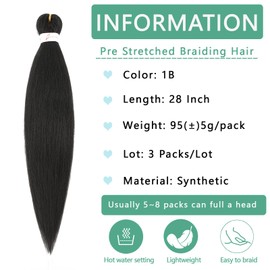 Dilekay 28 Inch Braiding Hair Pre Stretched 3 Packs Black Braiding Hair Professional Soft Yaki Texture 1B EZ Braid Pre Stretched Braiding Hair Extensions Hot Water Setting Braids Hair for Braiding