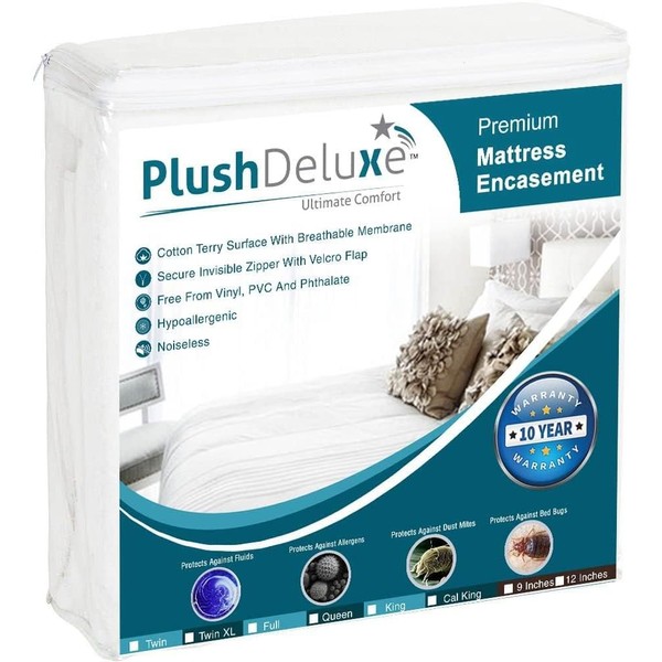 PlushDeluxe - Funda de colchón de alta calidad, impermeable, con cierre, protección de 6 lados, tela de rizo hipoalergénica, protege contra el polvo, bichos, profundidad de 9 a 12 pulgadas, tamaño individual