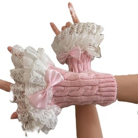 Baynoyia Lolita Mesh Lace Fingerless Gloves for Women Gothic Bowtie Arm Sleeves Y2K Tulle Long Gloves Wedding Bridal Prom Wrist Cuff (Knit Pink, One Size)