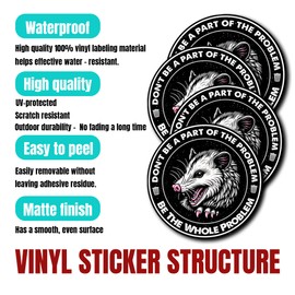 Pack 4PCS Don't Be A Part of The Problem Be The Whole Problem Sticker Funny Possum Opossum Waterproof Vinyl Decal Decor Laptop Water Bottle Hardhat Car Bumper Gifts for Adults