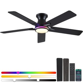 Goniyado 52" RGB Ceiling Fans with Lights and Remote/APP,Black Low Profile Ceiling Fans with Quiet Reversible DC Motor,Modern Flush Mount Ceiling Fan Light for Bedroom Kids Room