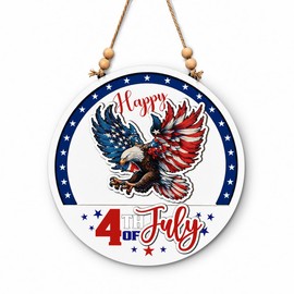 4th of July Door Sign, Patriotic Round Hanging Wooden Wall Decor American Flag Bow, Independence Day Front Porch Home Decoration, Happy 250th Anniversary, Red White Blue Sign, 10.2 x 10.2 Inches