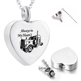 Beautiful Stainless Steel Semi-Truck CremationUrn "Always In My Heart" on 24" Steel Curb Chain Necklace - Memorial Jewelry, Ashes Keepsake, Mourning, Bereavement
