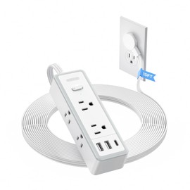 NTONPOWER 15 ft Extension Cord, 1080J Surge Protector Power Strip, Flat Extension Cord with 6AC Outlets and 3USB Ports(1USB C), Thin Extension Cord with Multiple Outlets, 3 Side White Extension Cord