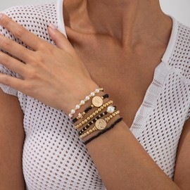 ALRNBY Gold Beaded Bracelets for Women Dainty 5PCS/8PCS Statement Bracelet Sets for Women Adjuestable Silver Beaded Bracelet Stack Trendy Stretch Stackable Bracelets Jewelry Gift (C6 6pcs Black&Gold&White)