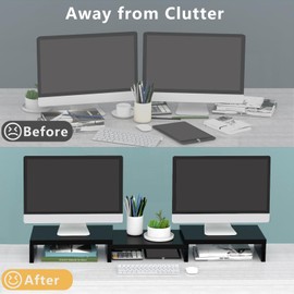TAVR Furniture TAVR Dual Monitor Stand Riser Office Desktop Organizer Stand for 2 Monitors, Adjustable Length and Angle 3 Shelf, Extra Long Multifunctional Stand up to 48.2" fit Computer, Laptop, TV, Black