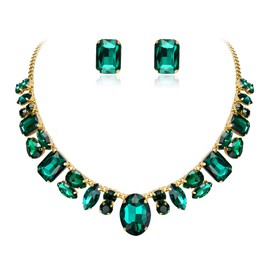 Flyonce Bridal Jewelry Set for Wedding, Rhinestone Choker Necklace with Stud Earrings, Green Crystal Wedding Party Costume Statement Sets for Women